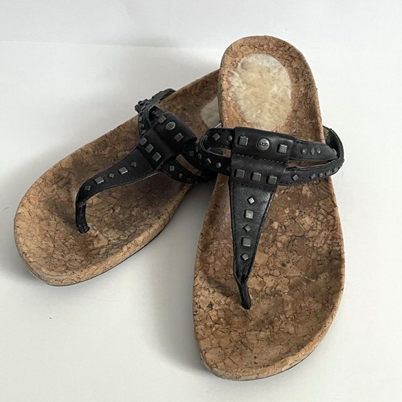 UGG Deitra Dual Strap Studded Leather Cork Thong Flip Flop Sandal Shoe 7 Black - Picture 1 of 10